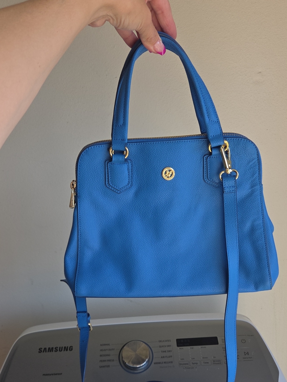 Ora Delphine Blue Pebbled Leather Crossbody Bag Gold Tone Hardware
